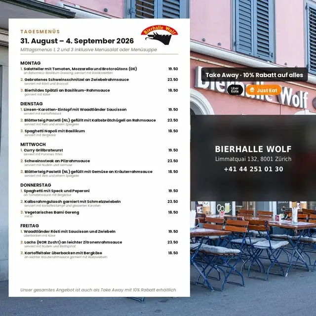 Drei Tagesmenüs, jeden Tag neu. Diese Woche unter anderem Bierhildes…
