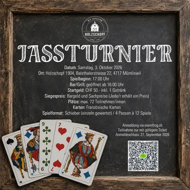 Sichere dir deinen Platz am Jassturnier im Holzschopf 1904. Spannung, Geselligkeit und...