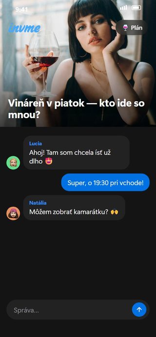 Obrazovka invme: rande — plán „Vináreň v piatok“