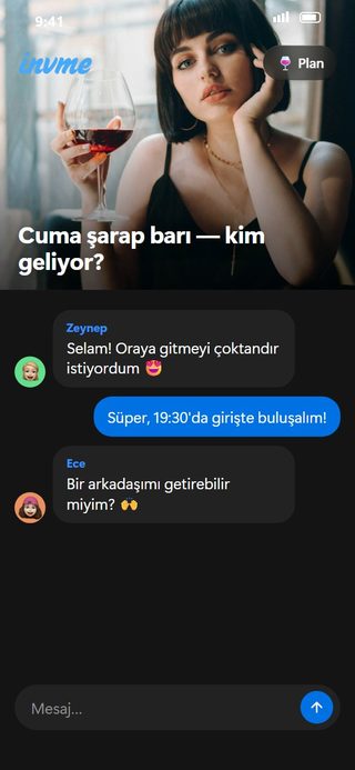 invme ekranı: buluşma — “Cuma şarap barı” planı